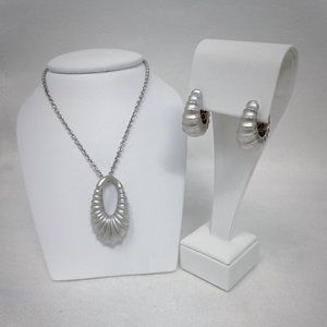 Breuning Sterling Silver Scalloped Dome Pendant & Huggie Earrings
